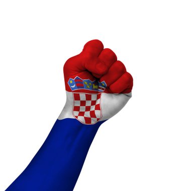 Hand making victory sign, croatia painted with flag as symbol of victory, resistance, fight, power, protest, success - isolated on white background