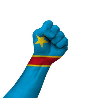 Hand making victory sign, democratic republic of congo painted with flag as symbol of victory, resistance, fight, power, protest, success - isolated on white background