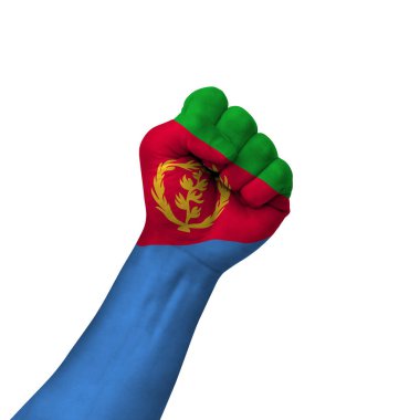 Hand making victory sign, eritrea painted with flag as symbol of victory, resistance, fight, power, protest, success - isolated on white background