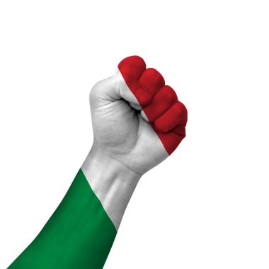 Hand making victory sign, italy painted with flag as symbol of victory, resistance, fight, power, protest, success - isolated on white background