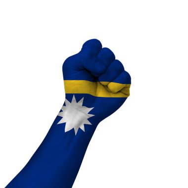 Hand making victory sign, nauru painted with flag as symbol of victory, resistance, fight, power, protest, success - isolated on white background