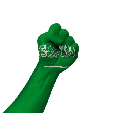Hand making victory sign, saudi arabia painted with flag as symbol of victory, resistance, fight, power, protest, success - isolated on white background