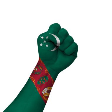 Hand making victory sign, turkmenistan painted with flag as symbol of victory, resistance, fight, power, protest, success - isolated on white background