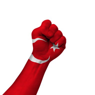 Hand making victory sign, turkey painted with flag as symbol of victory, resistance, fight, power, protest, success - isolated on white background