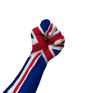 Hand making victory sign, united kingdom painted with flag as symbol of victory, resistance, fight, power, protest, success - isolated on white background