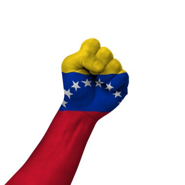 Hand making victory sign, venezuela painted with flag as symbol of victory, resistance, fight, power, protest, success - isolated on white background