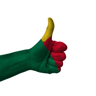 Hand making thumbs up sign, benin painted with flag as symbol of thumbs up, like, okay, positive  - isolated on white background