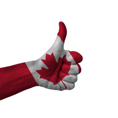 Hand making thumbs up sign, canada painted with flag as symbol of thumbs up, like, okay, positive  - isolated on white background