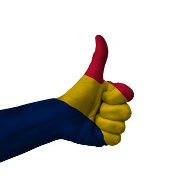 Hand making thumbs up sign, chad painted with flag as symbol of thumbs up, like, okay, positive  - isolated on white background