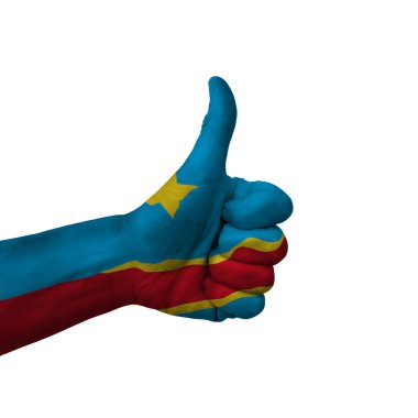 Hand making thumbs up sign, democratic republic of congo painted with flag as symbol of thumbs up, like, okay, positive  - isolated on white background