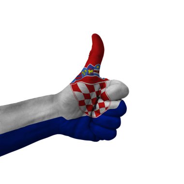 Hand making thumbs up sign, croatia painted with flag as symbol of thumbs up, like, okay, positive  - isolated on white background