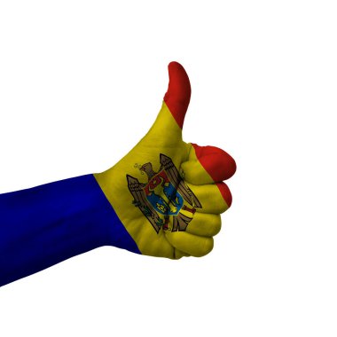 Hand making thumbs up sign, moldova painted with flag as symbol of thumbs up, like, okay, positive  - isolated on white background