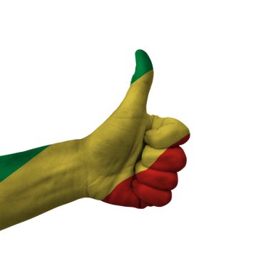 Hand making thumbs up sign, republic of congo painted with flag as symbol of thumbs up, like, okay, positive  - isolated on white background