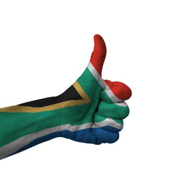 Hand making thumbs up sign, south africa painted with flag as symbol of thumbs up, like, okay, positive  - isolated on white background