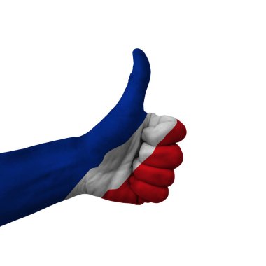 Hand making thumbs up sign, thailand painted with flag as symbol of thumbs up, like, okay, positive  - isolated on white background
