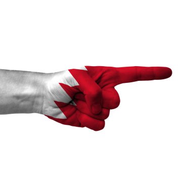 Hand pointing right side, bahrain painted with flag as symbol of right direction, forward - isolated on white background