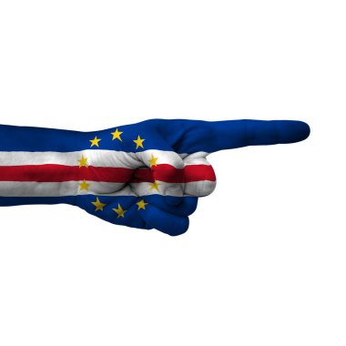 Hand pointing right side, cape verde painted with flag as symbol of right direction, forward - isolated on white background