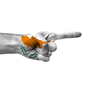 Hand pointing right side, cyprus painted with flag as symbol of right direction, forward - isolated on white background