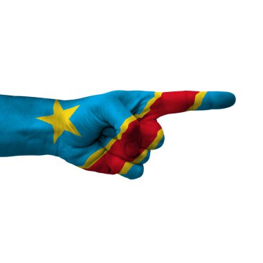 Hand pointing right side, democratic republic of congo painted with flag as symbol of right direction, forward - isolated on white background