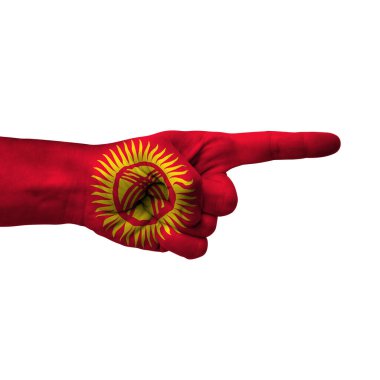 Hand pointing right side, kyrgyzstan painted with flag as symbol of right direction, forward - isolated on white background