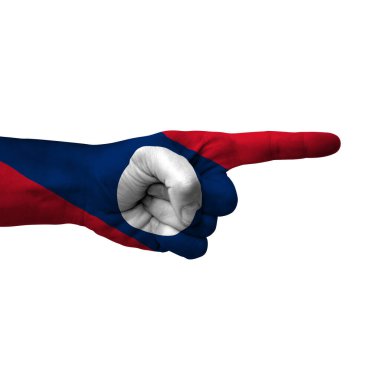 Hand pointing right side, laos painted with flag as symbol of right direction, forward - isolated on white background