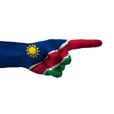 Hand pointing right side, namibia painted with flag as symbol of right direction, forward - isolated on white background