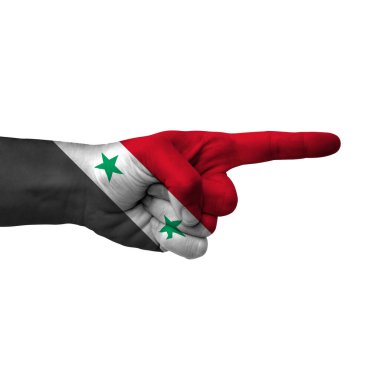 Hand pointing right side, syria painted with flag as symbol of right direction, forward - isolated on white background