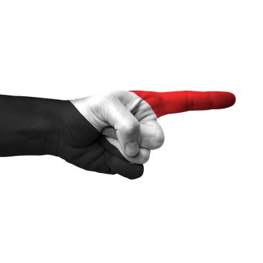 Hand pointing right side, yemen painted with flag as symbol of right direction, forward - isolated on white background