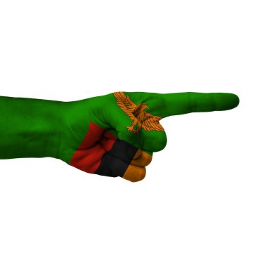 Hand pointing right side, zambia painted with flag as symbol of right direction, forward - isolated on white background