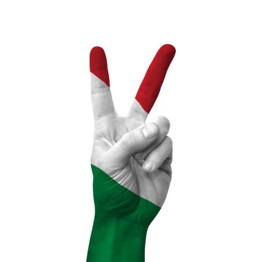 Hand making victory sign, italy painted with flag as symbol of victory, win, success - isolated on white background