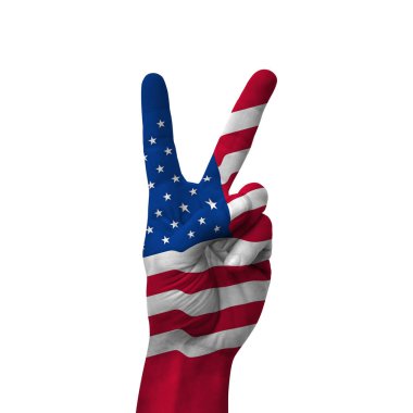 Hand making victory sign, united states of america painted with flag as symbol of victory, win, success - isolated on white background
