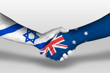 Handshake between Australia and Israel flags painted on hands, illustration with clipping path.