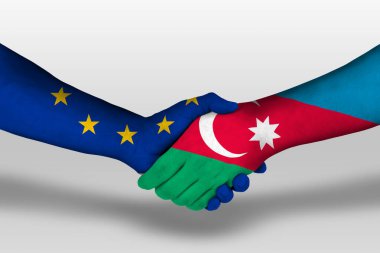 Handshake between azerbaijan and european union flags painted on hands, illustration with clipping path.
