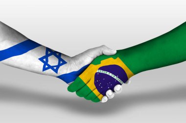 Handshake between brazil and israel flags painted on hands, illustration with clipping path.
