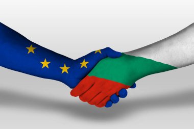 Handshake between bulgaria and european union flags painted on hands, illustration with clipping path.