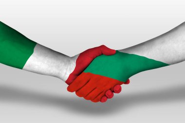 Handshake between bulgaria and italy flags painted on hands, illustration with clipping path.