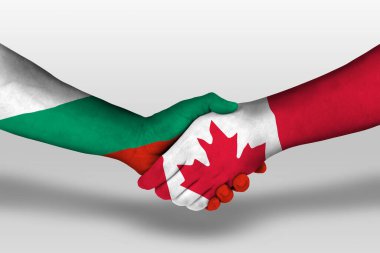 Handshake between canada and bulgaria flags painted on hands, illustration with clipping path.