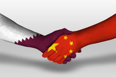 Handshake between china and qatar flags painted on hands, illustration with clipping path.