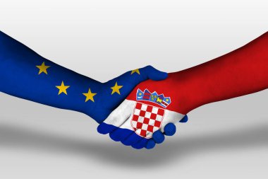 Handshake between croatia and european union flags painted on hands, illustration with clipping path.