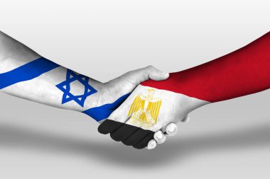 Handshake between egypt and israel flags painted on hands, illustration with clipping path.