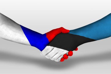 Handshake between estonia and russia flags painted on hands, illustration with clipping path.