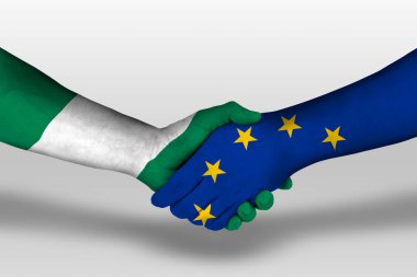 Handshake between european union and nigeria flags painted on hands, illustration with clipping path.