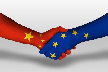Handshake between european union and china flags painted on hands, illustration with clipping path.