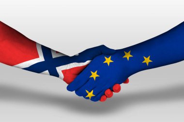 Handshake between european union and norway flags painted on hands, illustration with clipping path.