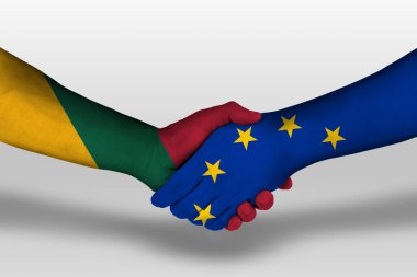 Handshake between european union and lithuania flags painted on hands, illustration with clipping path.