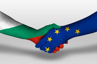 Handshake between european union and bulgaria flags painted on hands, illustration with clipping path.