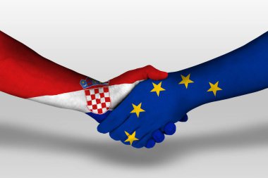 Handshake between european union and croatia flags painted on hands, illustration with clipping path.