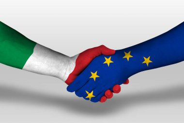 Handshake between european union and italy flags painted on hands, illustration with clipping path.