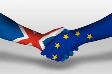 Handshake between european union and iceland flags painted on hands, illustration with clipping path.