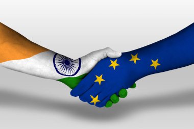 Handshake between european union and india flags painted on hands, illustration with clipping path.
